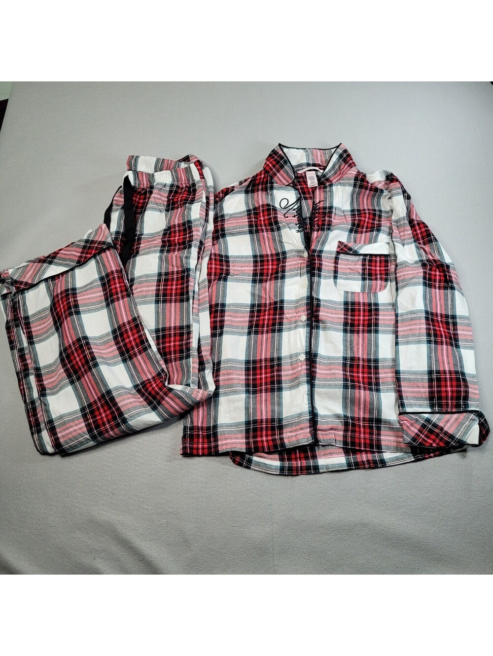 Victorias Secret Flannel Pajama Set S Small Plaid Shimmer Red Pink Metallic PJs - Picture 3 of 13